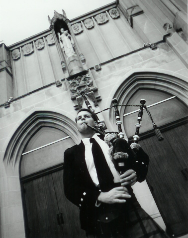 Colorado piper Michael Lancaster piping a prelude for a wedding at a beautiful church